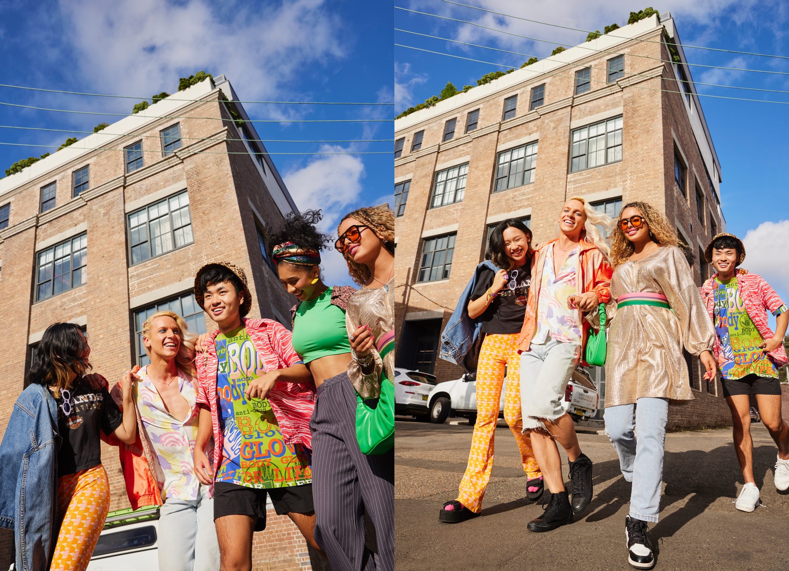 Group of joyful friends in vibrant retro outfits